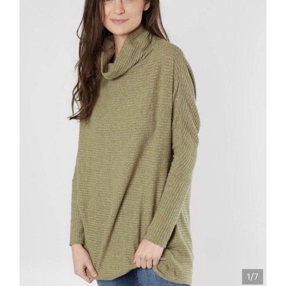 We The Free Olive Green Thermal Waffle Knit Cowl Neck Tunic Sweater S